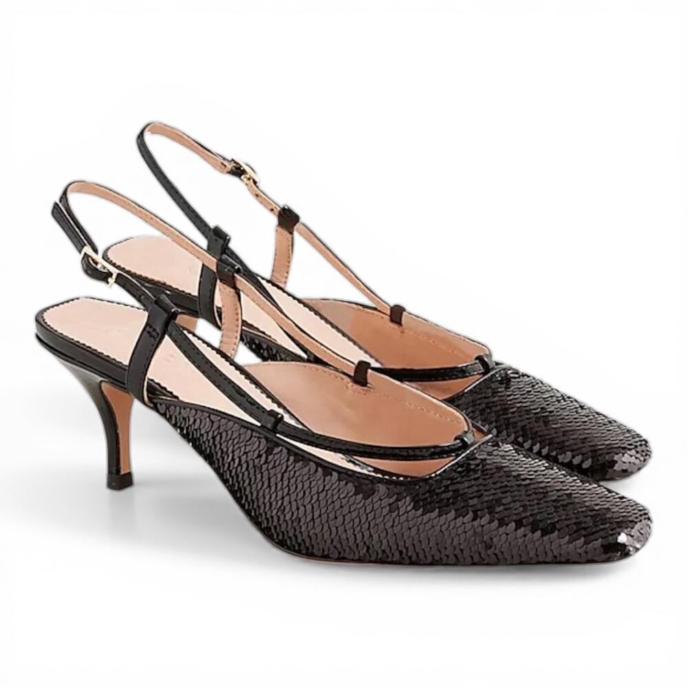 J Crew Collection Women's 'Leona' Sequin Slingback Kitten Heels Black, Size 9 US